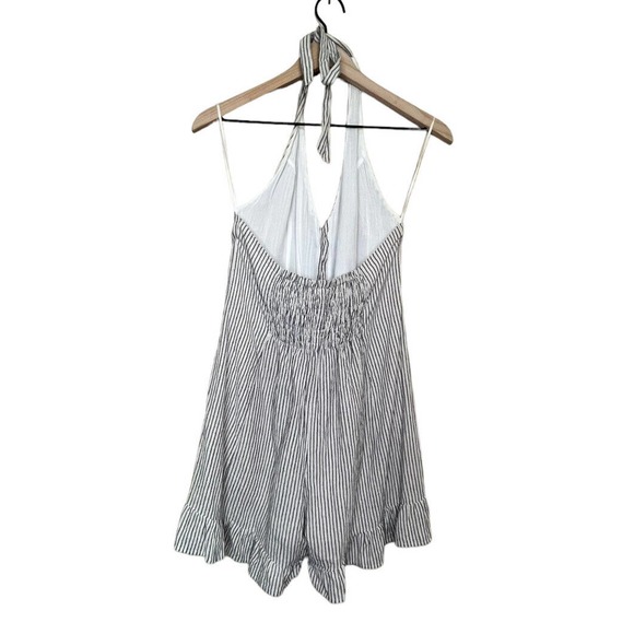 Hem Thread Womens Romper Ruffle Backless Smoked Halter Gray White Stripe Size M - Picture 2 of 9